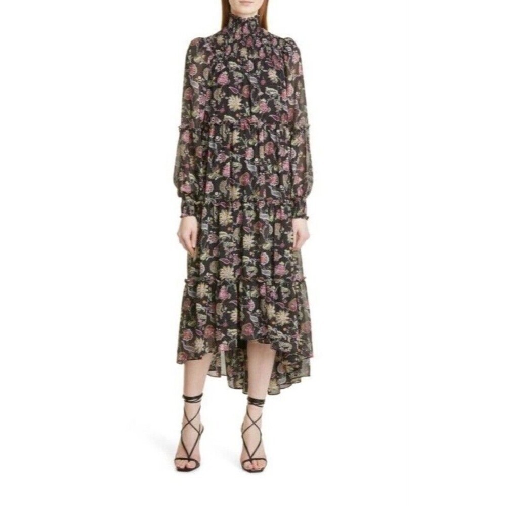 Cinq a Sept Paisley High Neck Smocked Tiered Hi Low Maxi Dress 6 Boho Lined